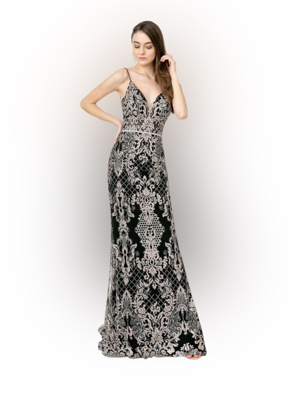GLS Collective Black Maxi Gown with Silver Lace Overlay